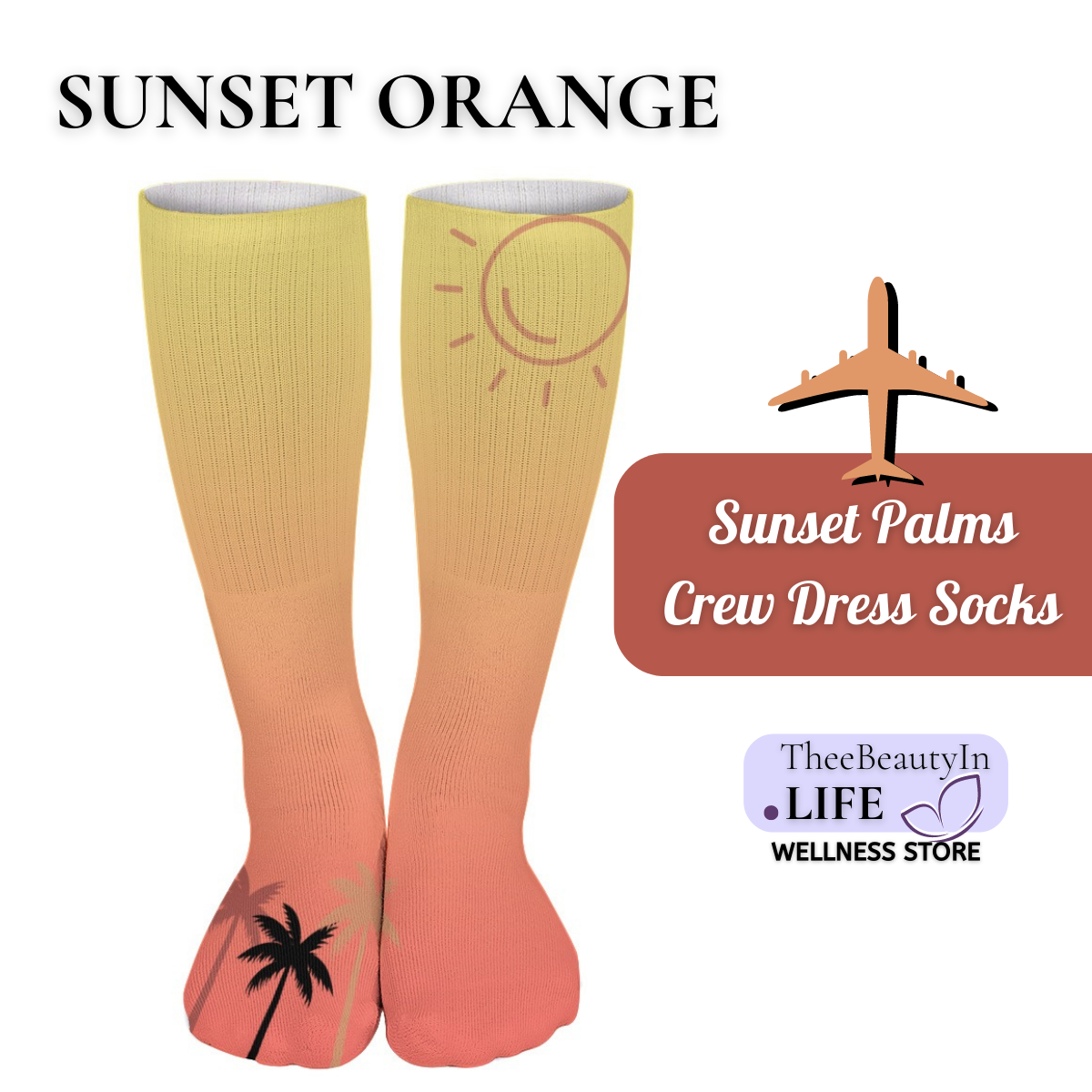 Sunset Palms Crew Dress Socks | Gifts for Beach Lovers | Vacation Themed Socks | Gifts for Wife or Girlfriend | Sock Stocking Stuffers | Ombre Travel Themed Socks