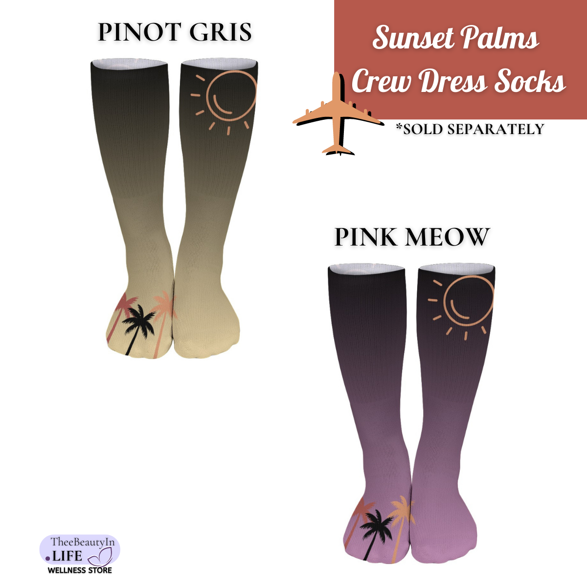 Sunset Palms Crew Dress Socks | Gifts for Beach Lovers | Vacation Themed Socks | Gifts for Wife or Girlfriend | Sock Stocking Stuffers | Ombre Travel Themed Socks