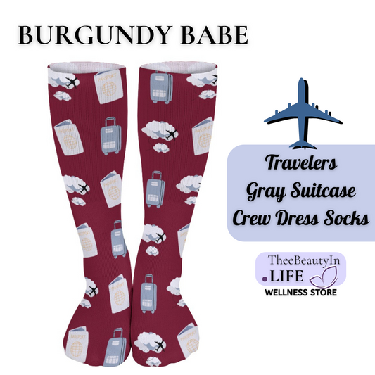 Travelers Gray Suitcase Crew Dress Socks | Gifts for Pilots | Gifts for Flight Crew | Flight Attendant Appreciation Day | Passports and Travel Socks for Women