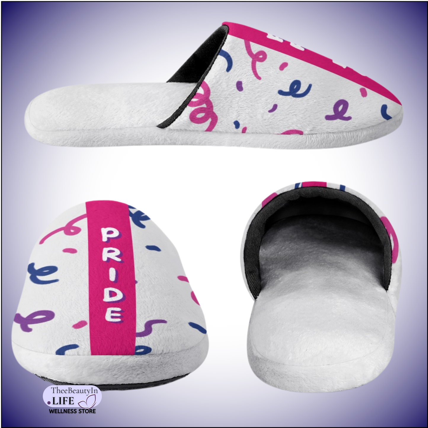 Memory Foam Slippers - Pride Party | Fun House Shoes for Women | Colorful Slippers with Confetti | Valentine's Day Gift for Girlfriend | Pride Week Indoor Shoes | Black Novelty Slippers for Bi Pride | LGBT Outfit Accessories