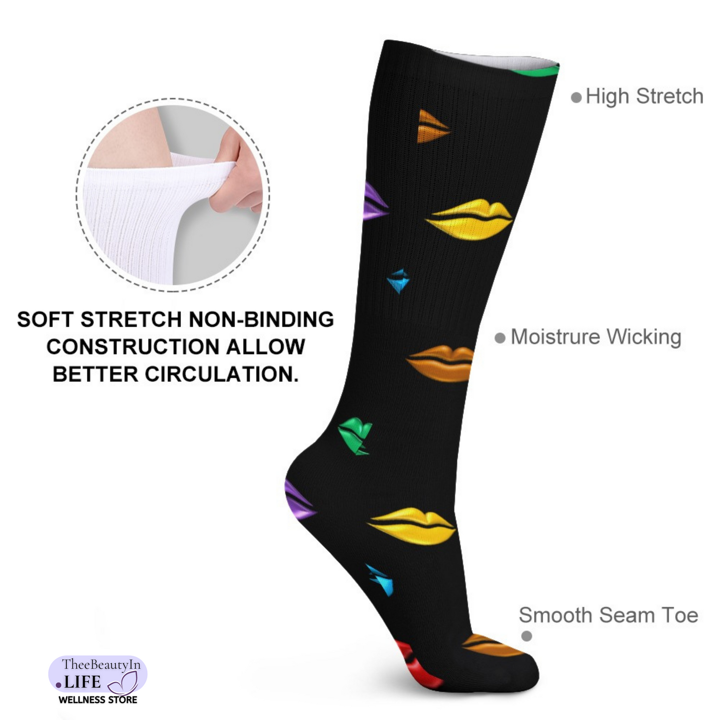 Crew Dress Socks - Rainbow Lipstick | Fun Socks for Women | Colorful Socks with Makeup | Valentine's Day Gift for Girlfriend | Pride Week Socks | Pink Novelty Socks for Lesbian Pride | LGBT Outfit Accessories