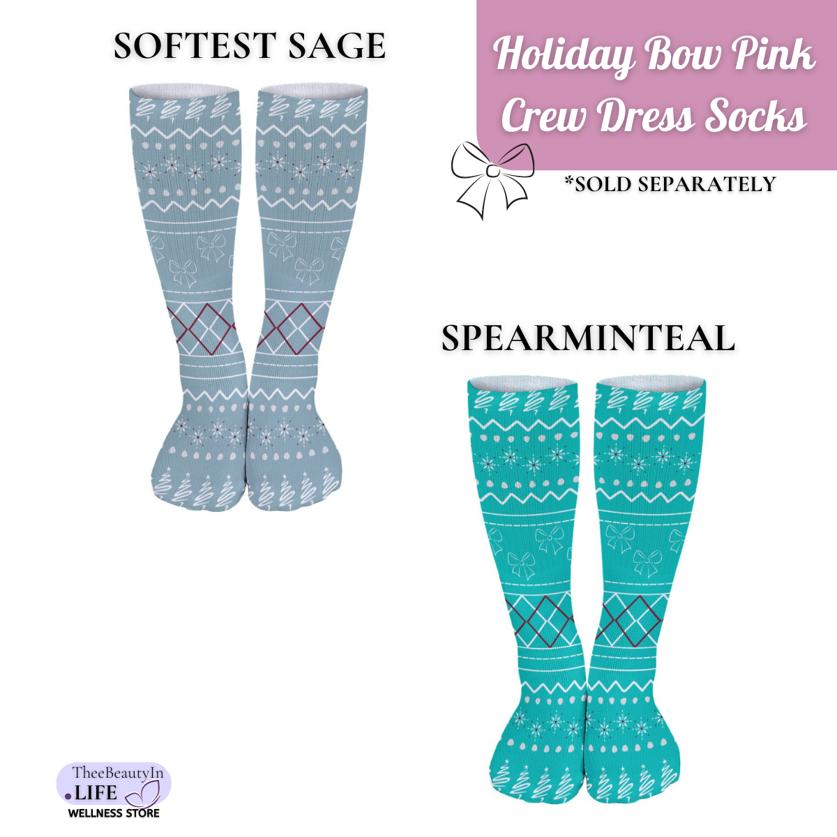 Holiday Bow Pink Crew Dress Socks | Christmas Themed Crew Socks | Argyle Pattern Socks | Matching Socks and Robes | Fun Socks with Trees