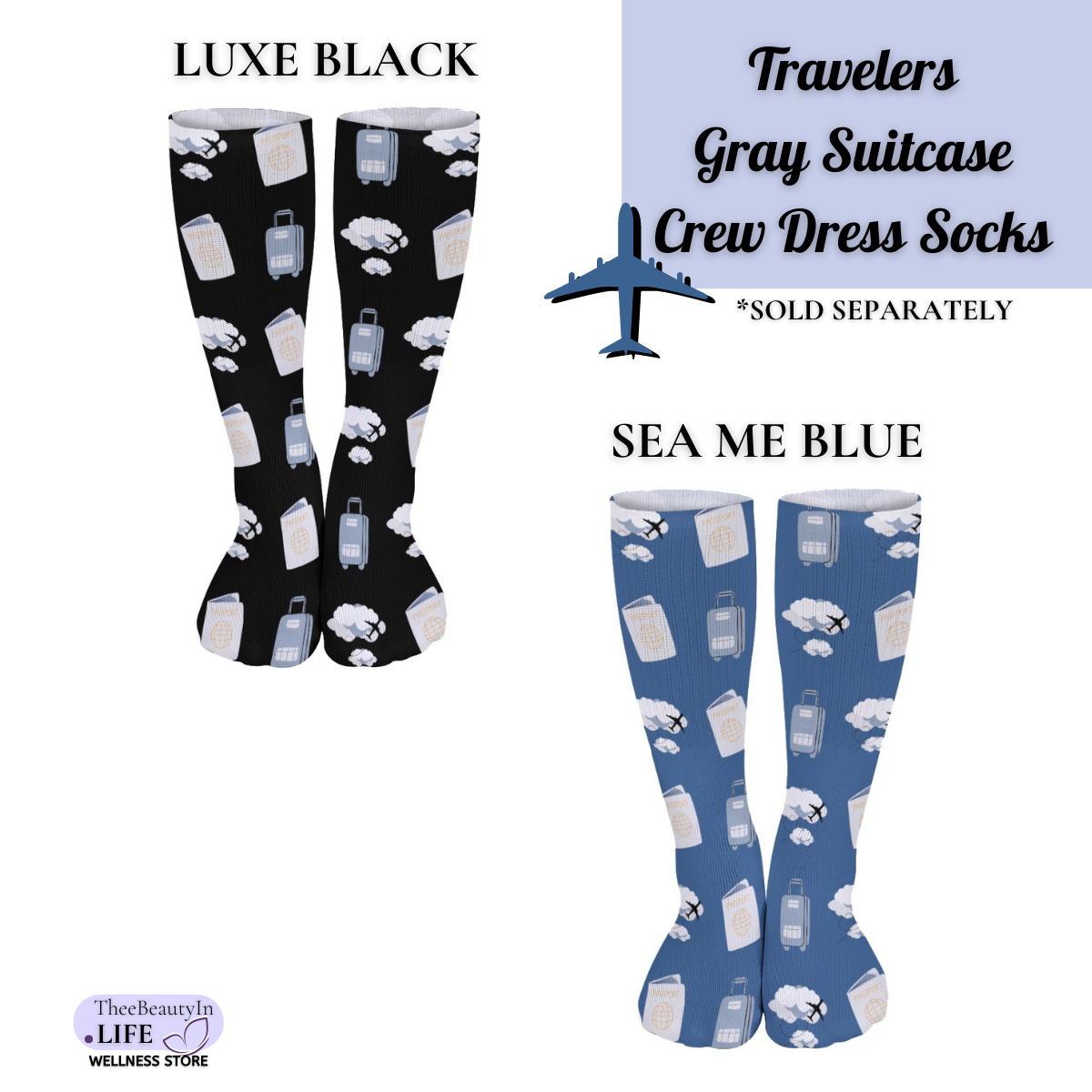 Travelers Gray Suitcase Crew Dress Socks | Gifts for Pilots | Gifts for Flight Crew | Flight Attendant Appreciation Day | Passports and Travel Socks for Women