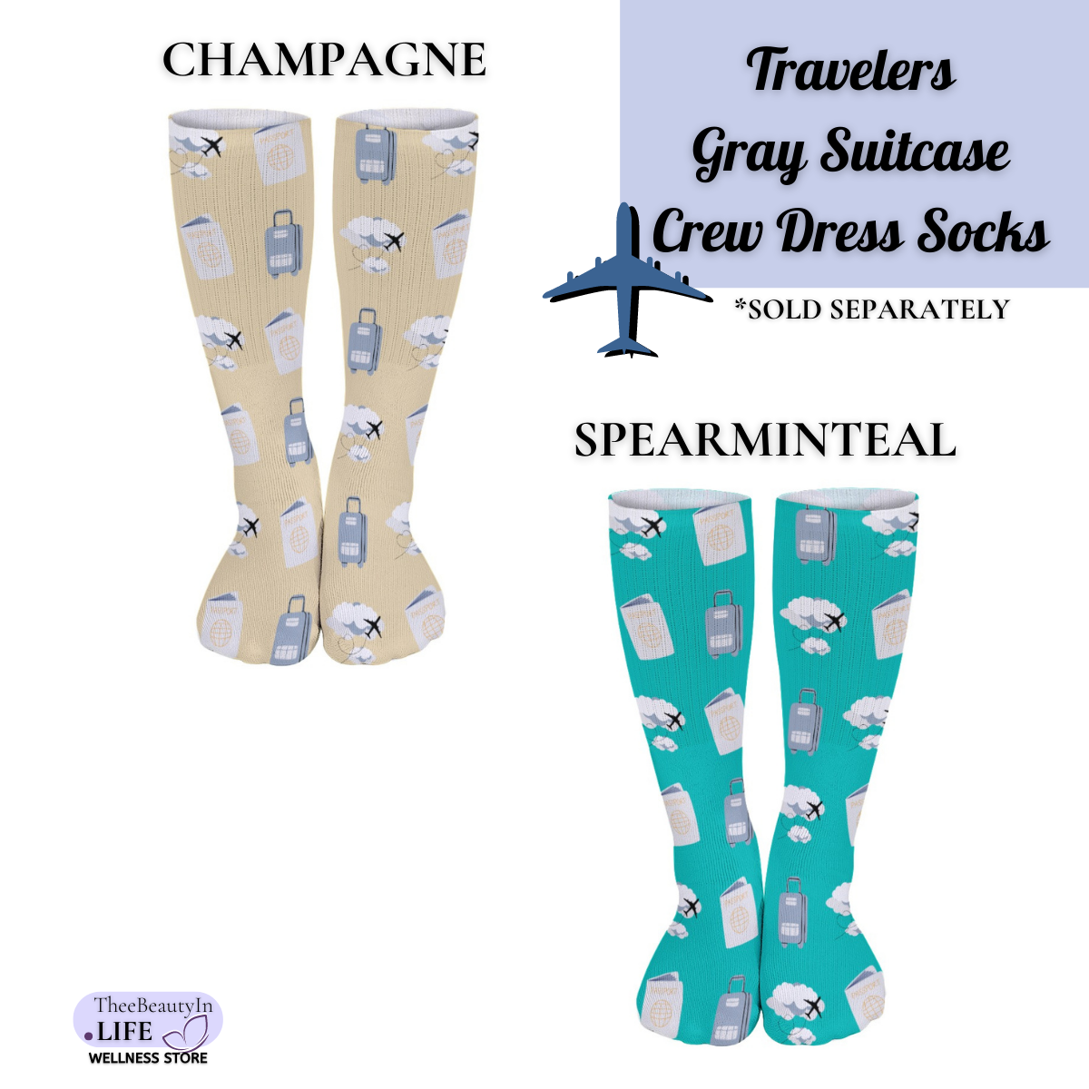 Travelers Gray Suitcase Crew Dress Socks | Gifts for Pilots | Gifts for Flight Crew | Flight Attendant Appreciation Day | Passports and Travel Socks for Women