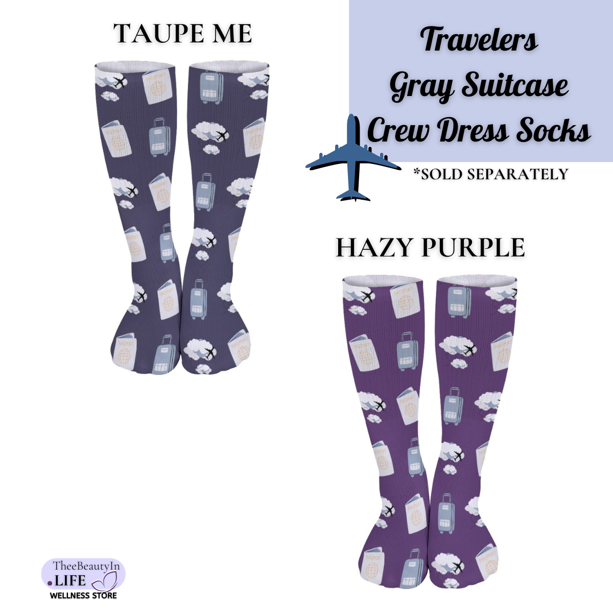 Travelers Gray Suitcase Crew Dress Socks | Gifts for Pilots | Gifts for Flight Crew | Flight Attendant Appreciation Day | Passports and Travel Socks for Women