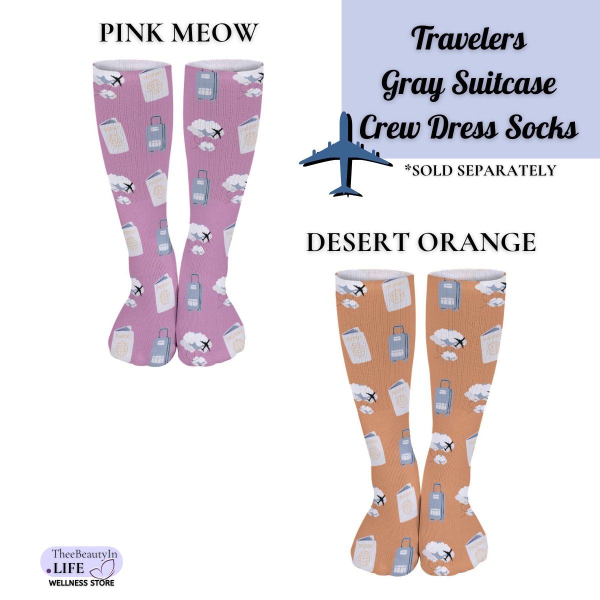 Travelers Gray Suitcase Crew Dress Socks | Gifts for Pilots | Gifts for Flight Crew | Flight Attendant Appreciation Day | Passports and Travel Socks for Women