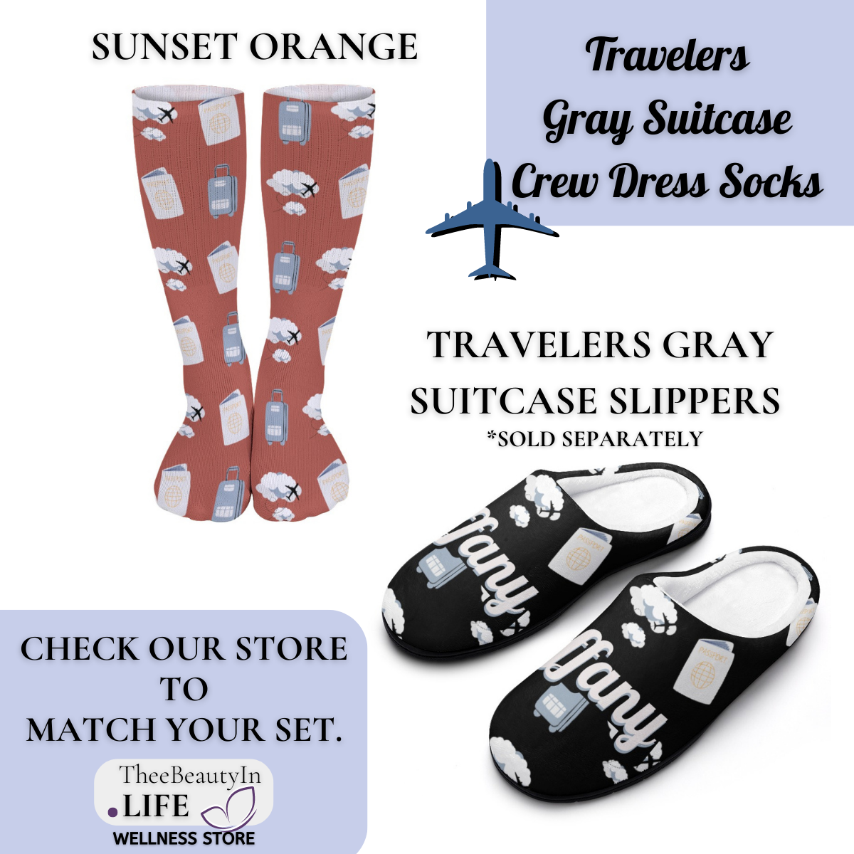 Travelers Gray Suitcase Crew Dress Socks | Gifts for Pilots | Gifts for Flight Crew | Flight Attendant Appreciation Day | Passports and Travel Socks for Women