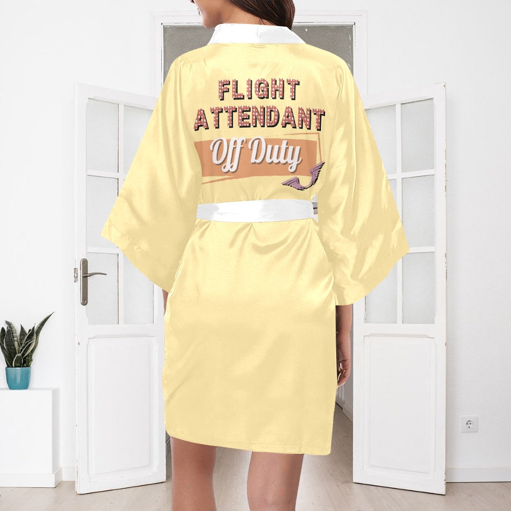 Flight Attendant Cloud Yellow Silky Satin Robe | Custom Satin Robe | Robe and Slipper Gift Sets for Women | Cute Satin Robe for Adults | Satin Robes with Patterns