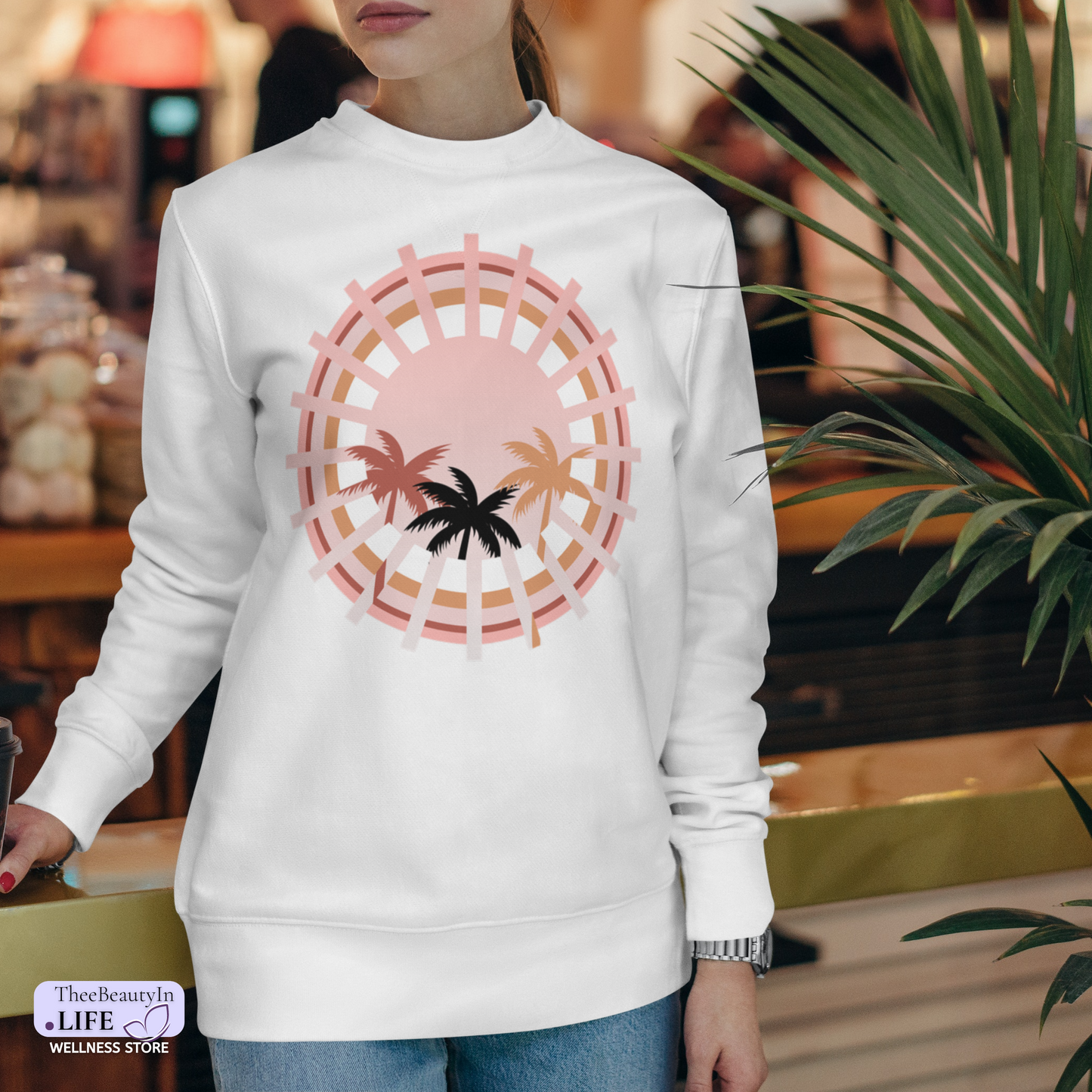 Crewneck Sweatshirt - Sunset Palms | Celestial Tropical Beach Shirt | Gift for Women that Travel | Comfy Sweater with Warm Summer Aesthetic | Hawaiian Palm Tree Print