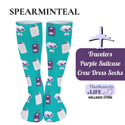 Travelers Purple Suitcase Crew Dress Socks | Vacation Themed Socks | Gifts for Flight Attendants | Gifts for Wife | Secret Santa Gifts | Socks for Catching Flights