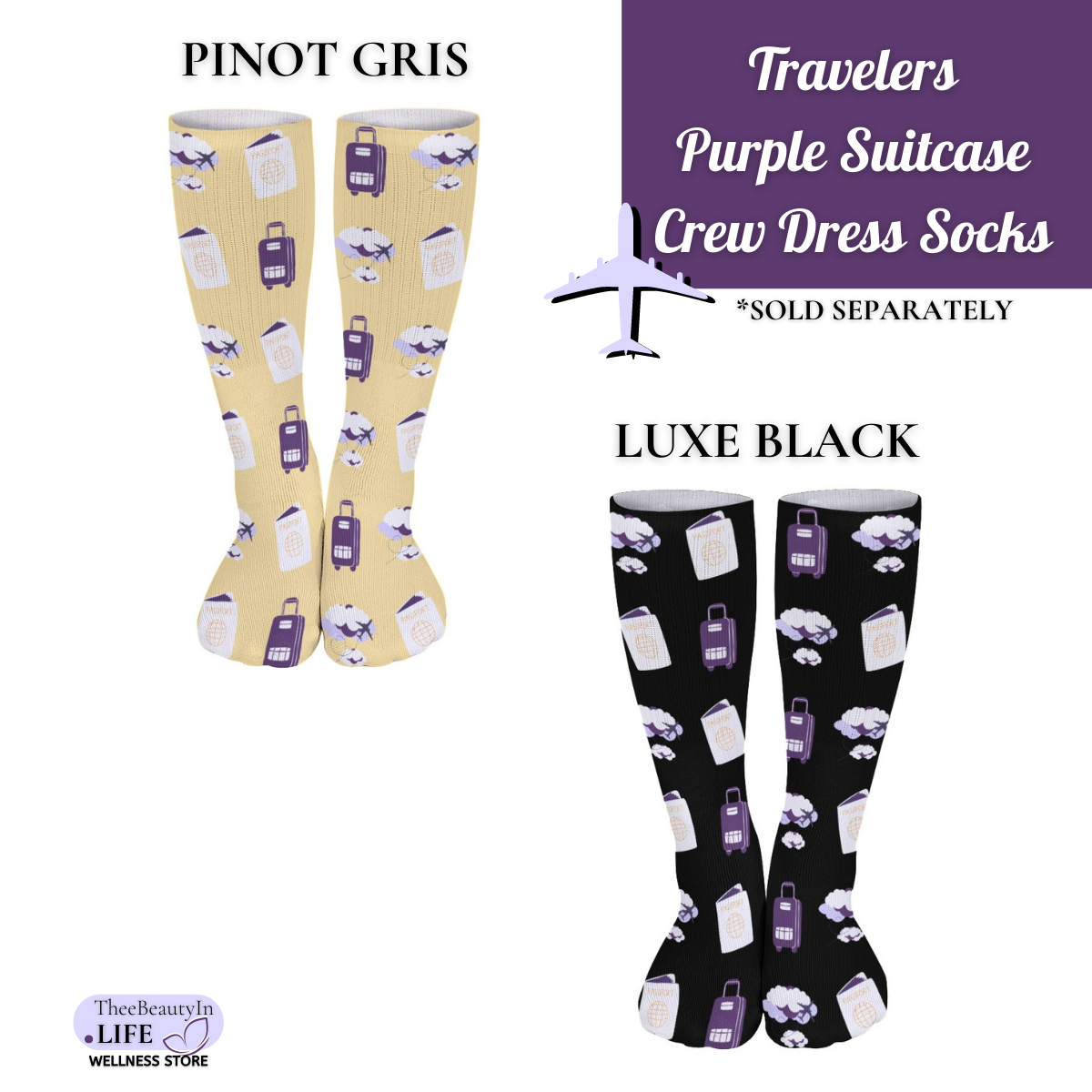 Travelers Purple Suitcase Crew Dress Socks | Vacation Themed Socks | Gifts for Flight Attendants | Gifts for Wife | Secret Santa Gifts | Socks for Catching Flights