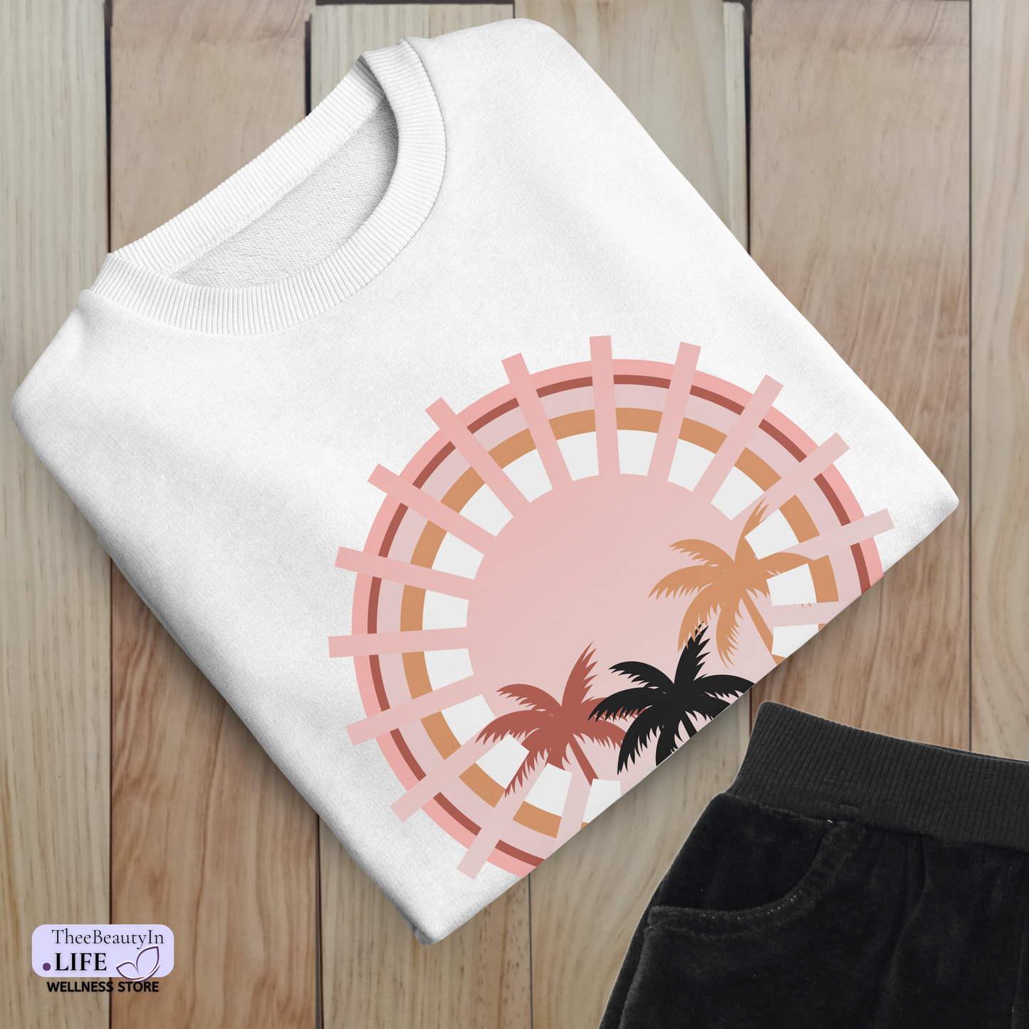 Crewneck Sweatshirt - Sunset Palms | Celestial Tropical Beach Shirt | Gift for Women that Travel | Comfy Sweater with Warm Summer Aesthetic | Hawaiian Palm Tree Print