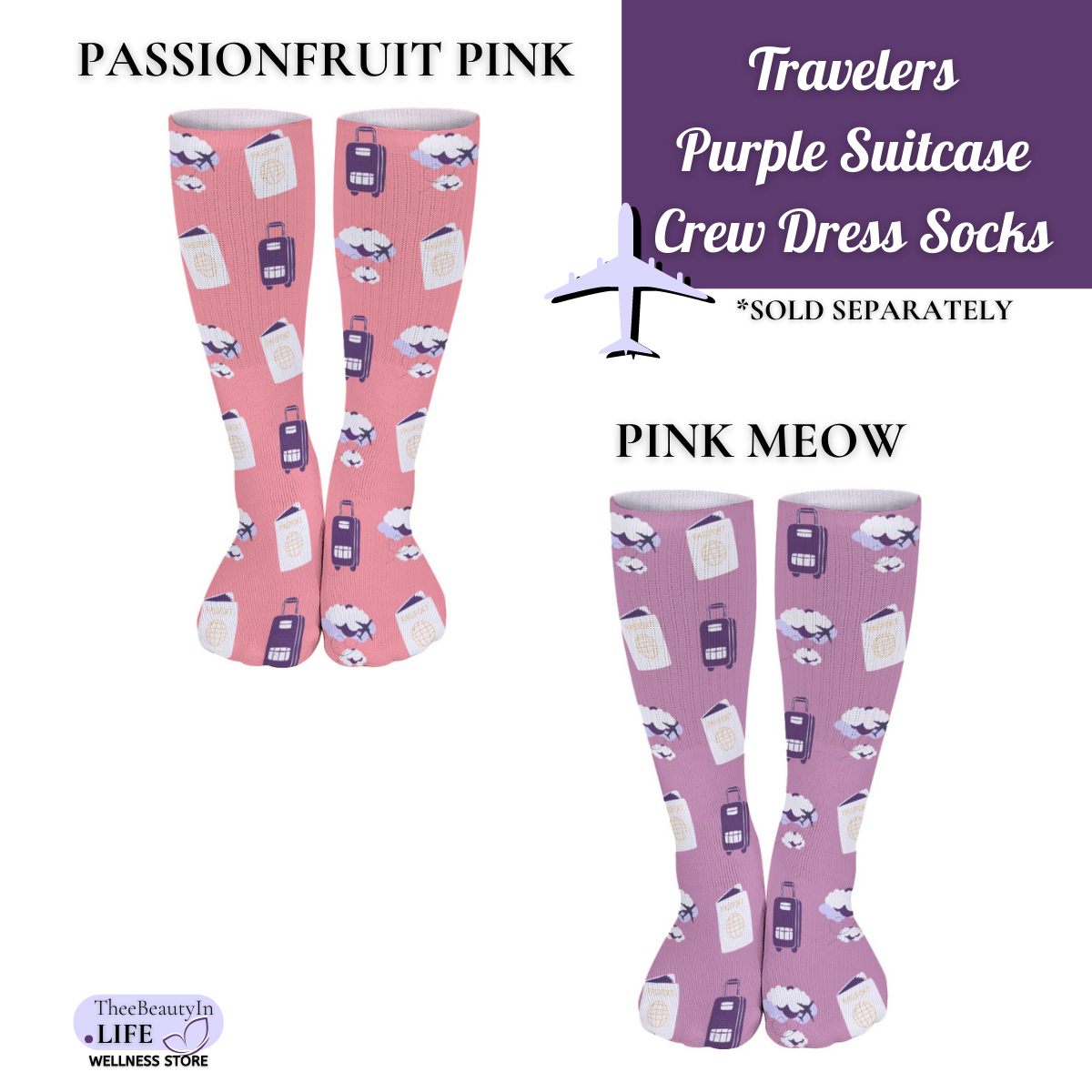 Travelers Purple Suitcase Crew Dress Socks | Vacation Themed Socks | Gifts for Flight Attendants | Gifts for Wife | Secret Santa Gifts | Socks for Catching Flights