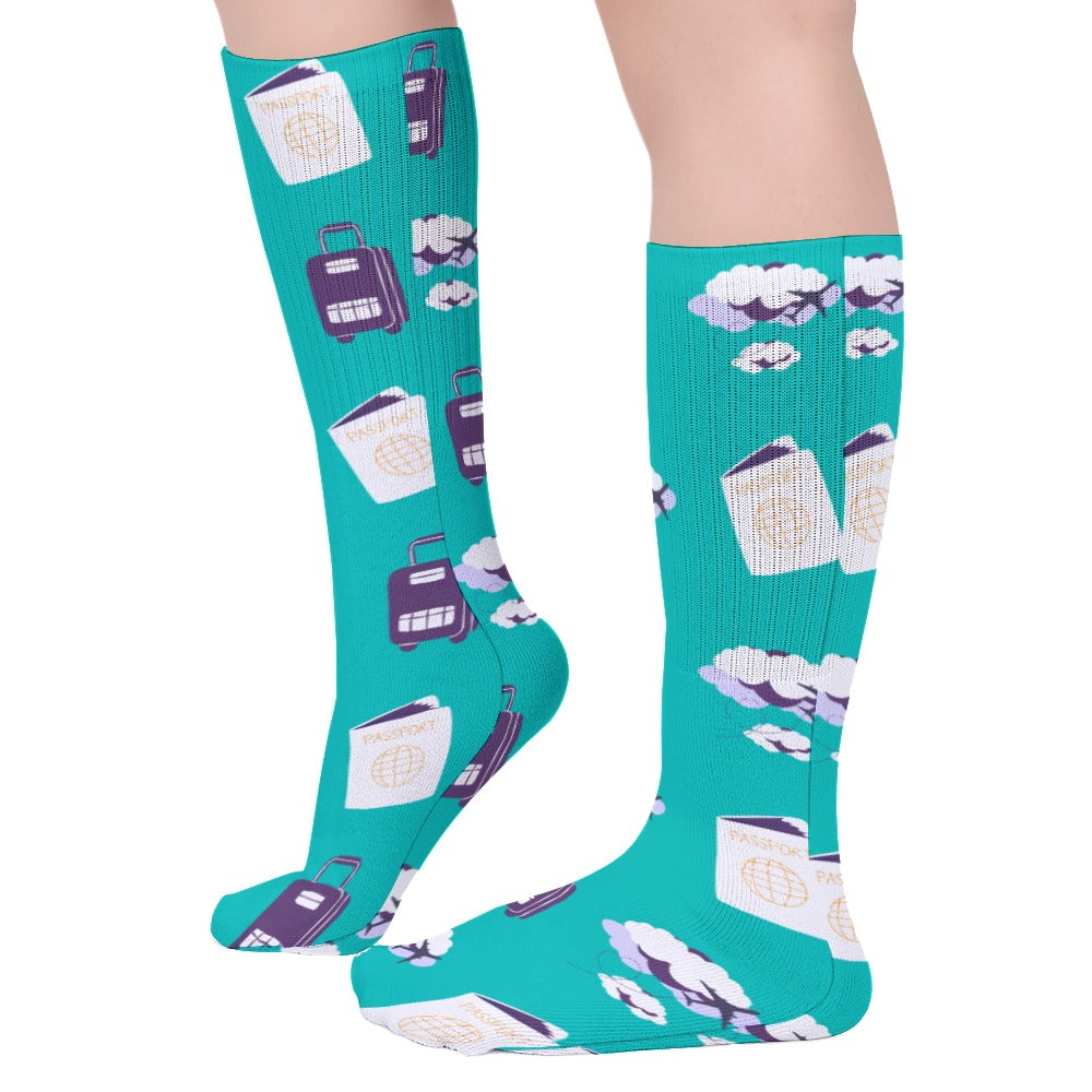 Travelers Purple Suitcase Crew Dress Socks | Vacation Themed Socks | Gifts for Flight Attendants | Gifts for Wife | Secret Santa Gifts | Socks for Catching Flights