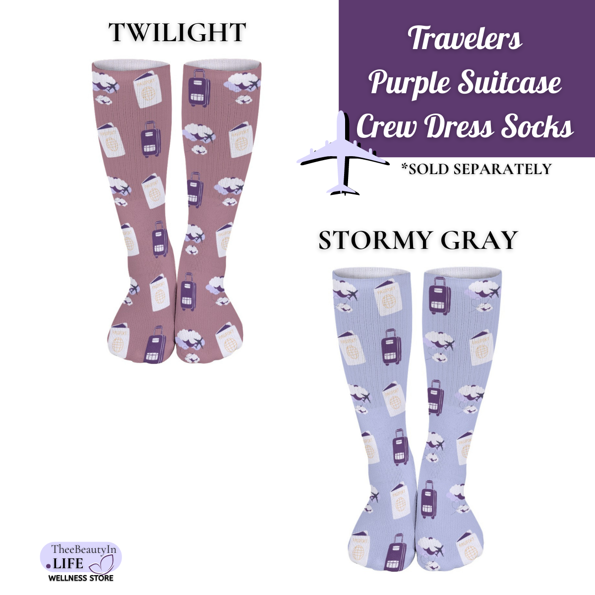 Travelers Purple Suitcase Crew Dress Socks | Vacation Themed Socks | Gifts for Flight Attendants | Gifts for Wife | Secret Santa Gifts | Socks for Catching Flights