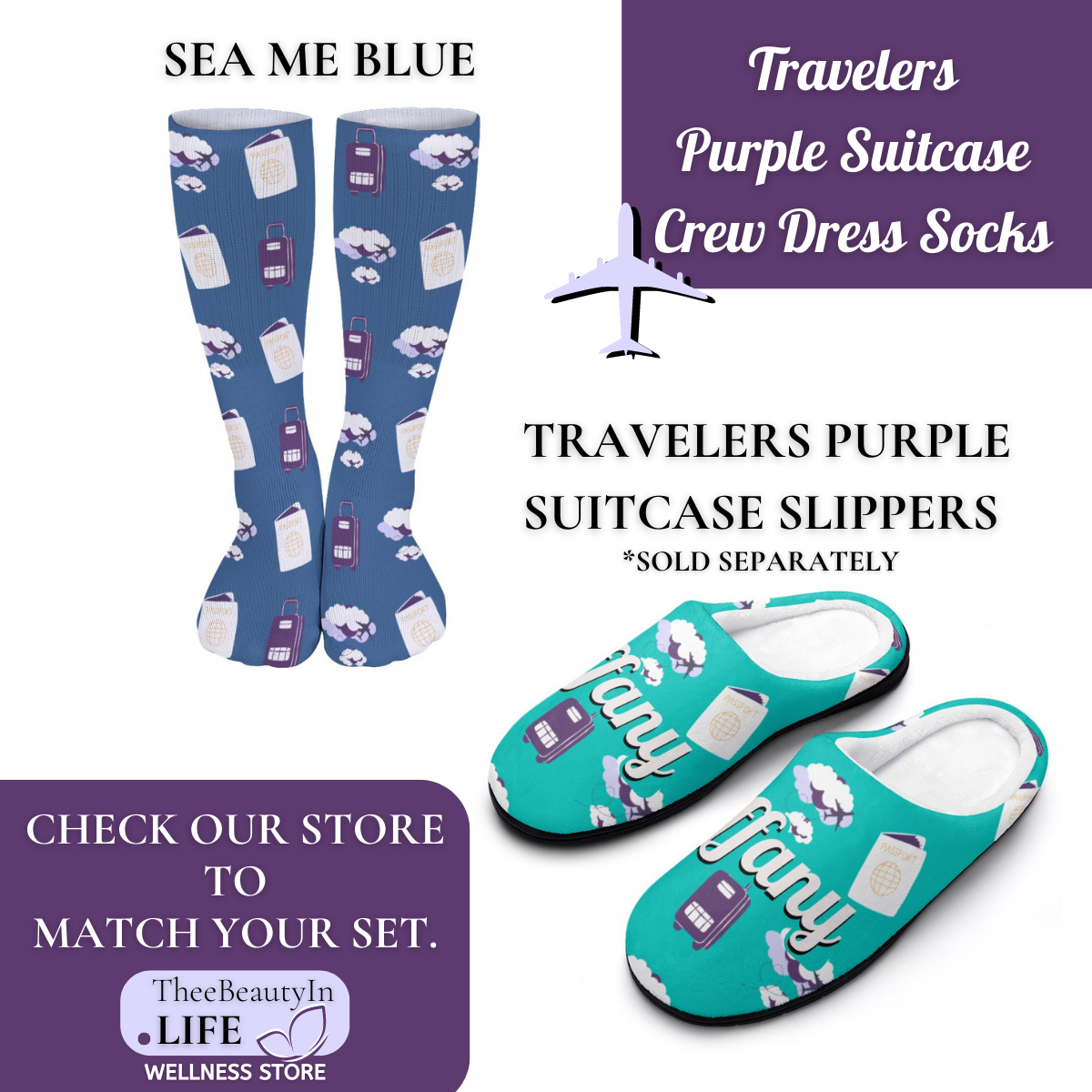 Travelers Purple Suitcase Crew Dress Socks | Vacation Themed Socks | Gifts for Flight Attendants | Gifts for Wife | Secret Santa Gifts | Socks for Catching Flights