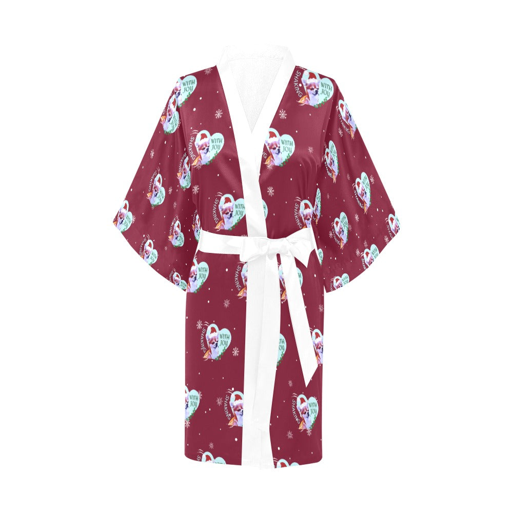 Chihuahua Holiday Burgundy Silky Satin Robe | Custom Satin Robe | Robe and Slipper Gift Sets for Women | Cute Satin Robe for Adults | Satin Robes with Patterns