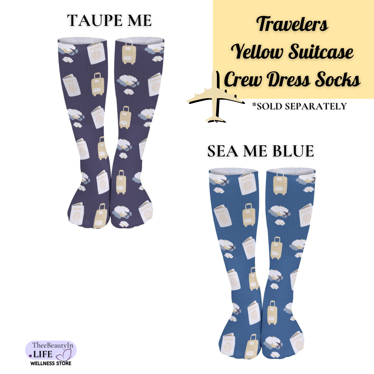 Travelers Yellow Suitcase Crew Dress Socks | Gifts for Pilots | Vacation Themed Socks | Easy Gifts for Coworkers | Gifts for Flight Attendants | Secret Santa Gifts