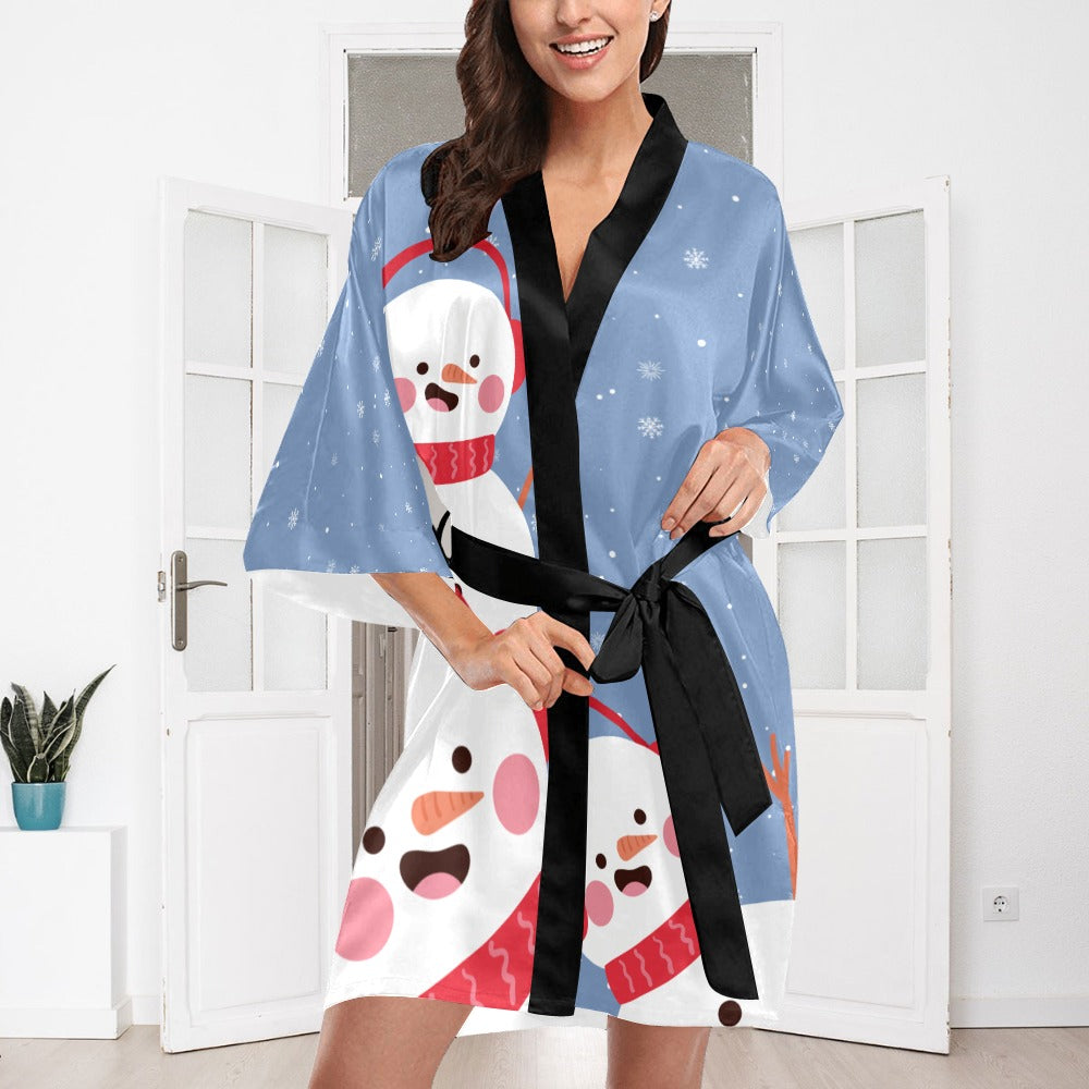 Blue Snowman Silky Satin Robe | Custom Satin Robe | Robe and Slipper Gift Sets for Women | Cute Satin Robe for Adults | Satin Robes with Patterns