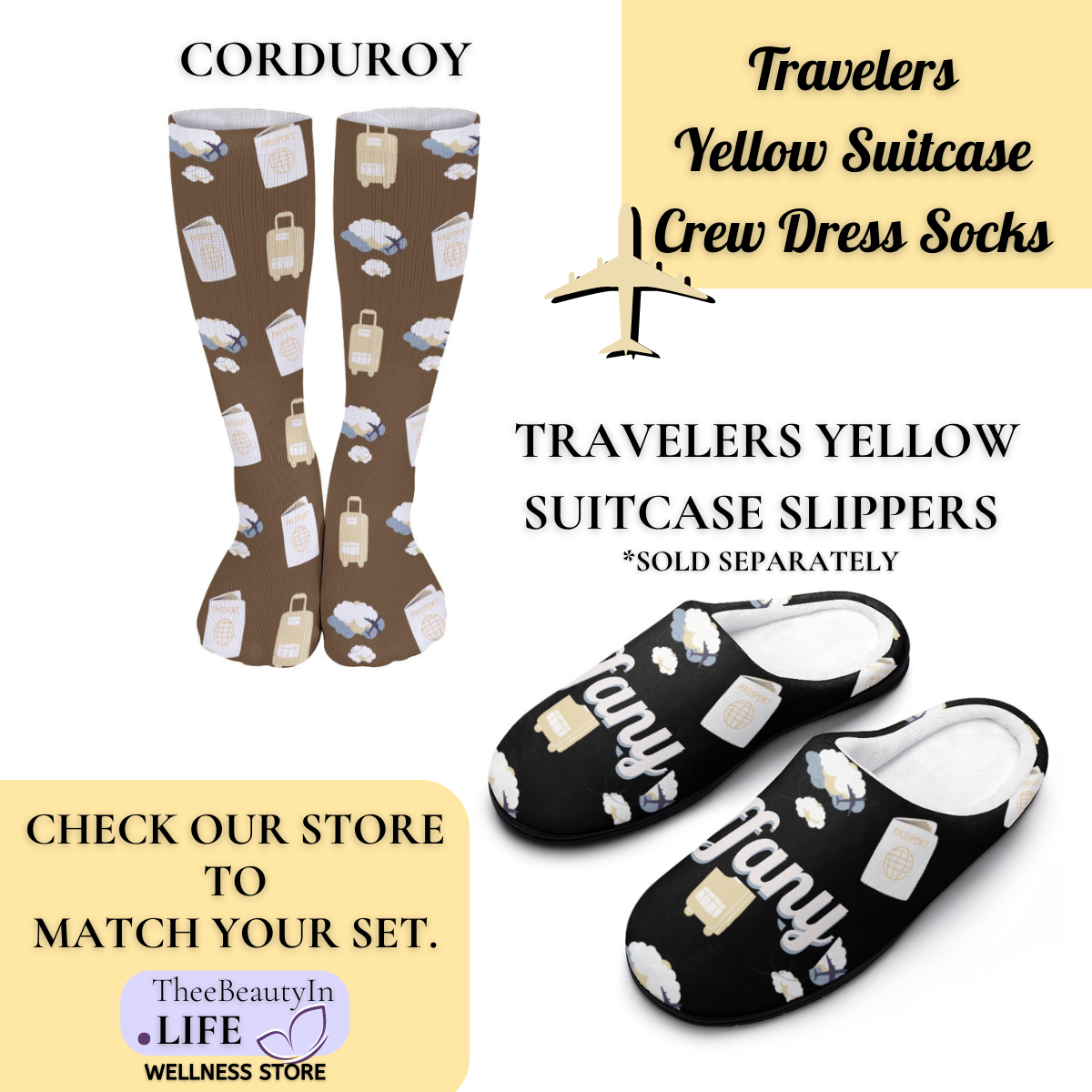 Travelers Yellow Suitcase Crew Dress Socks | Gifts for Pilots | Vacation Themed Socks | Easy Gifts for Coworkers | Gifts for Flight Attendants | Secret Santa Gifts