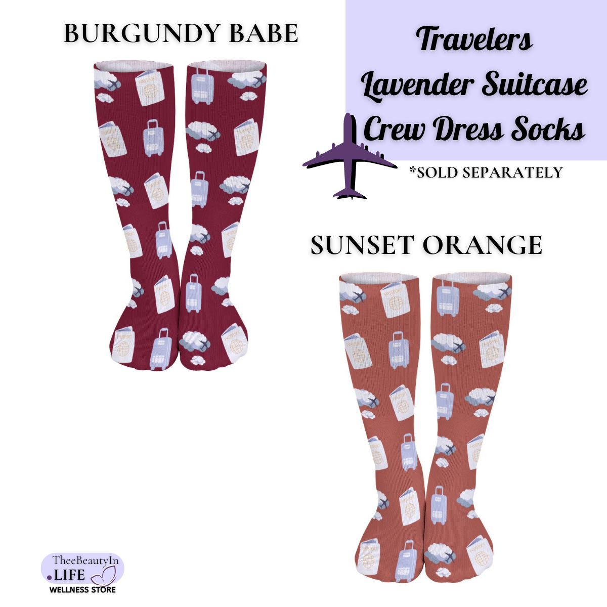 Travelers Lavender Suitcase Crew Dress Socks | Pilot and Flight Crew Gifts | Travel Themed Socks | Gifts for Flight Attendants | Secret Santa Gifts