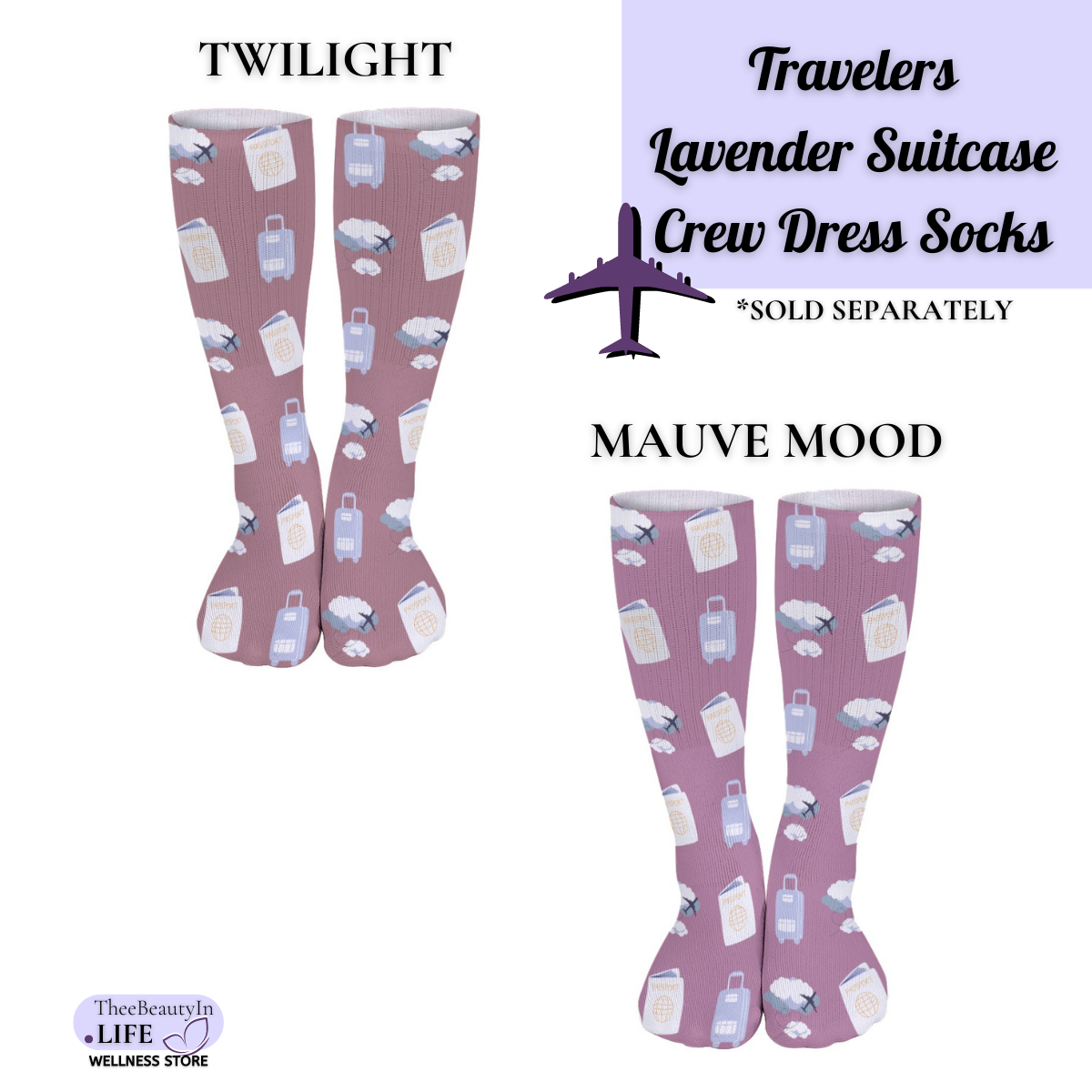 Travelers Lavender Suitcase Crew Dress Socks | Pilot and Flight Crew Gifts | Travel Themed Socks | Gifts for Flight Attendants | Secret Santa Gifts