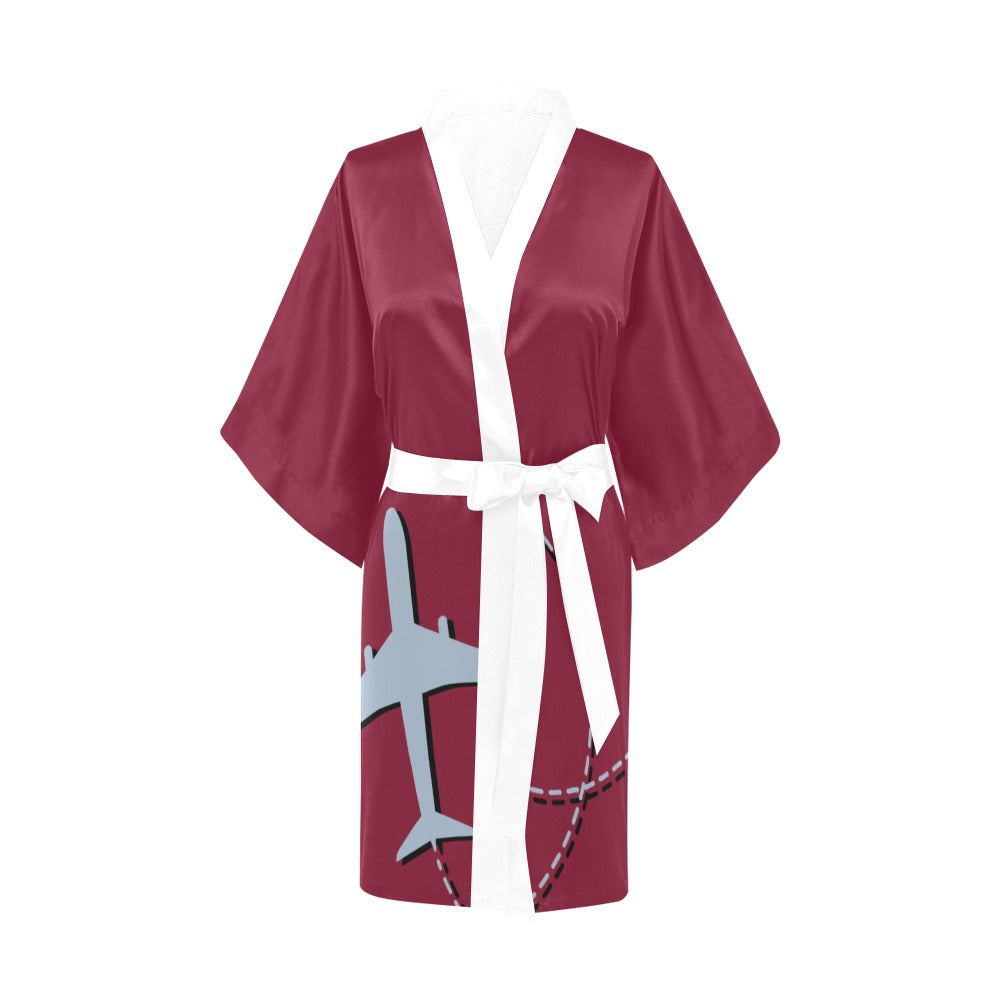 Flight Attendant Plane Burgundy Silky Satin Robe | Custom Satin Robe | Robe and Slipper Gift Sets for Women | Cute Satin Robe for Adults | Satin Robes with Patterns