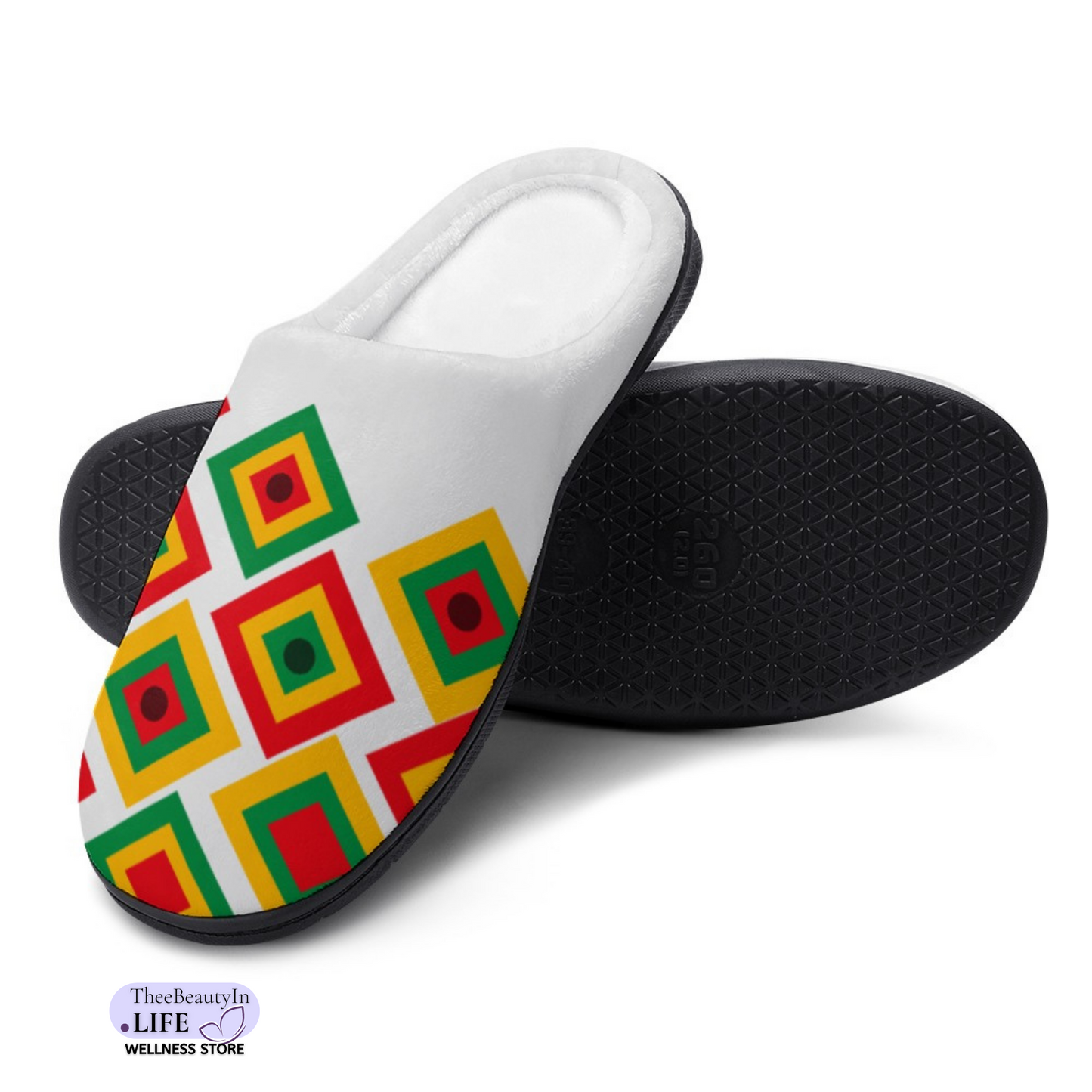 House Shoe Slippers - Black History | Hard Sole Indoor Slippers | Cute Bedroom Shoes for Women | Colorful Juneteenth Themed Slippers | Red, Green, and Gold Shoes