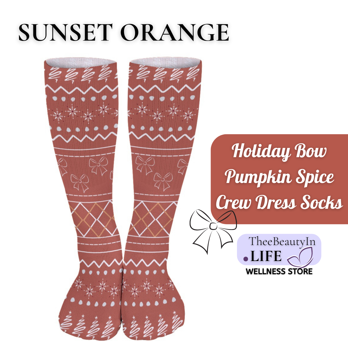 Holiday Bow Pumpkin Spice Crew Dress Socks | Christmas Themed Crew Socks | Matching Gift Sets for Women | Fun Socks with Bows | Holiday Family Socks