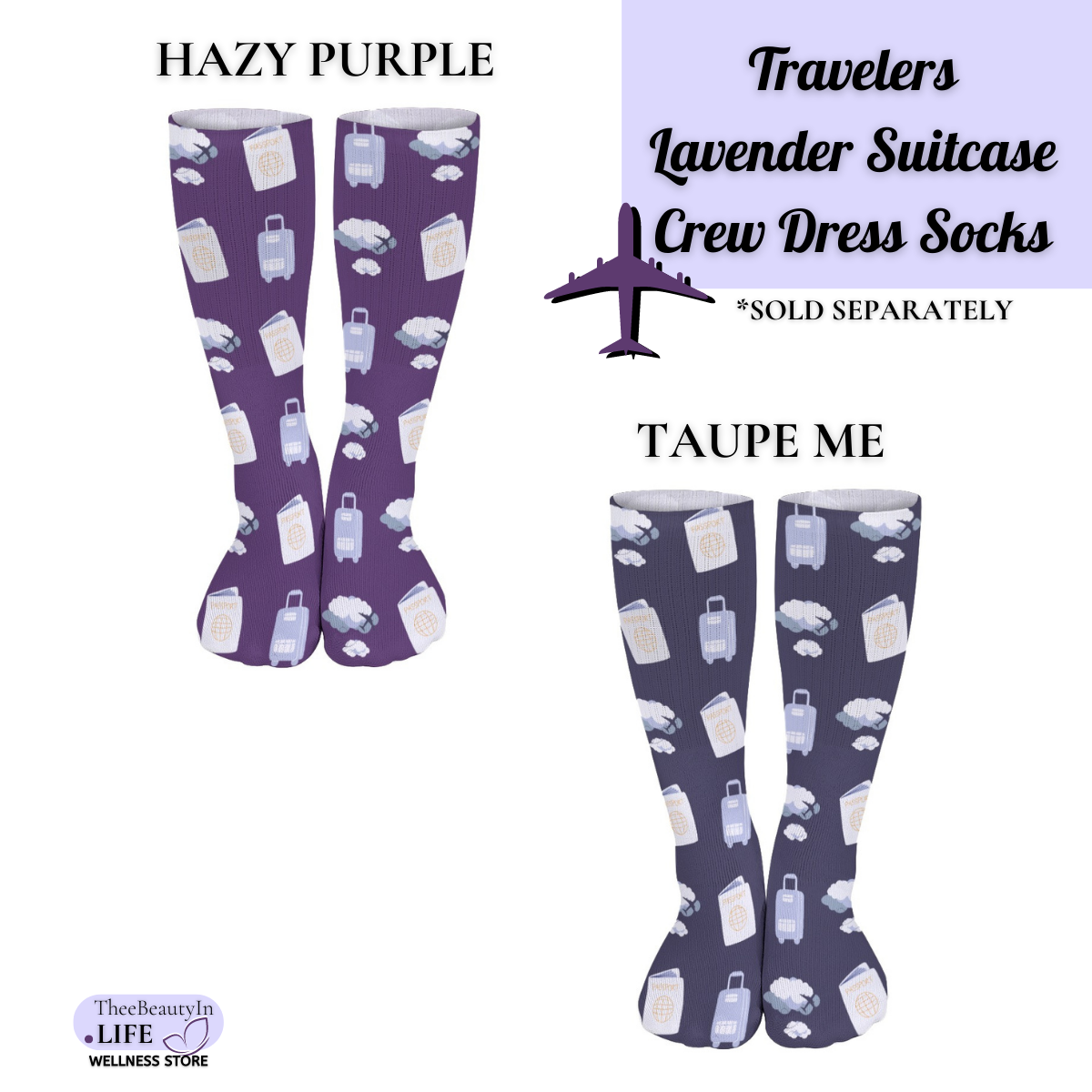 Travelers Lavender Suitcase Crew Dress Socks | Pilot and Flight Crew Gifts | Travel Themed Socks | Gifts for Flight Attendants | Secret Santa Gifts