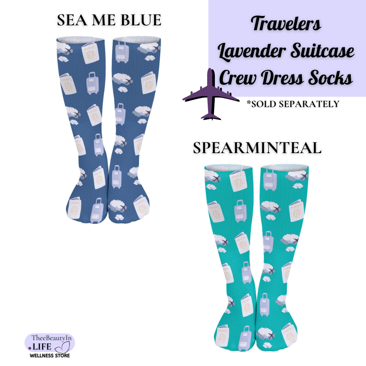 Travelers Lavender Suitcase Crew Dress Socks | Pilot and Flight Crew Gifts | Travel Themed Socks | Gifts for Flight Attendants | Secret Santa Gifts