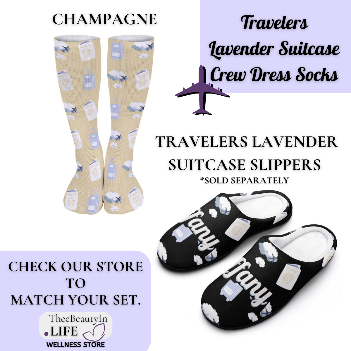 Travelers Lavender Suitcase Crew Dress Socks | Pilot and Flight Crew Gifts | Travel Themed Socks | Gifts for Flight Attendants | Secret Santa Gifts