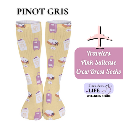 Travelers Pink Suitcase Crew Dress Socks | Gifts for Travel Lovers | Going On a Trip | Flight Attendant Appreciation  | Easy Stocking Stuffers | Tall Dress Socks