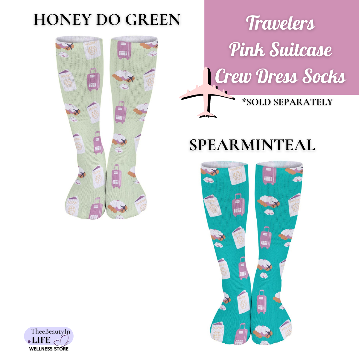 Travelers Pink Suitcase Crew Dress Socks | Gifts for Travel Lovers | Going On a Trip | Flight Attendant Appreciation  | Easy Stocking Stuffers | Tall Dress Socks