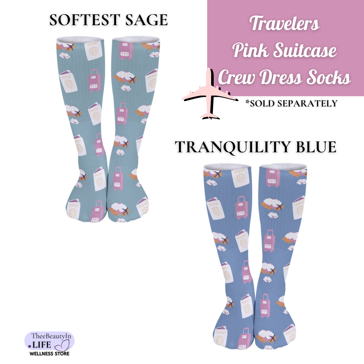 Travelers Pink Suitcase Crew Dress Socks | Gifts for Travel Lovers | Going On a Trip | Flight Attendant Appreciation  | Easy Stocking Stuffers | Tall Dress Socks