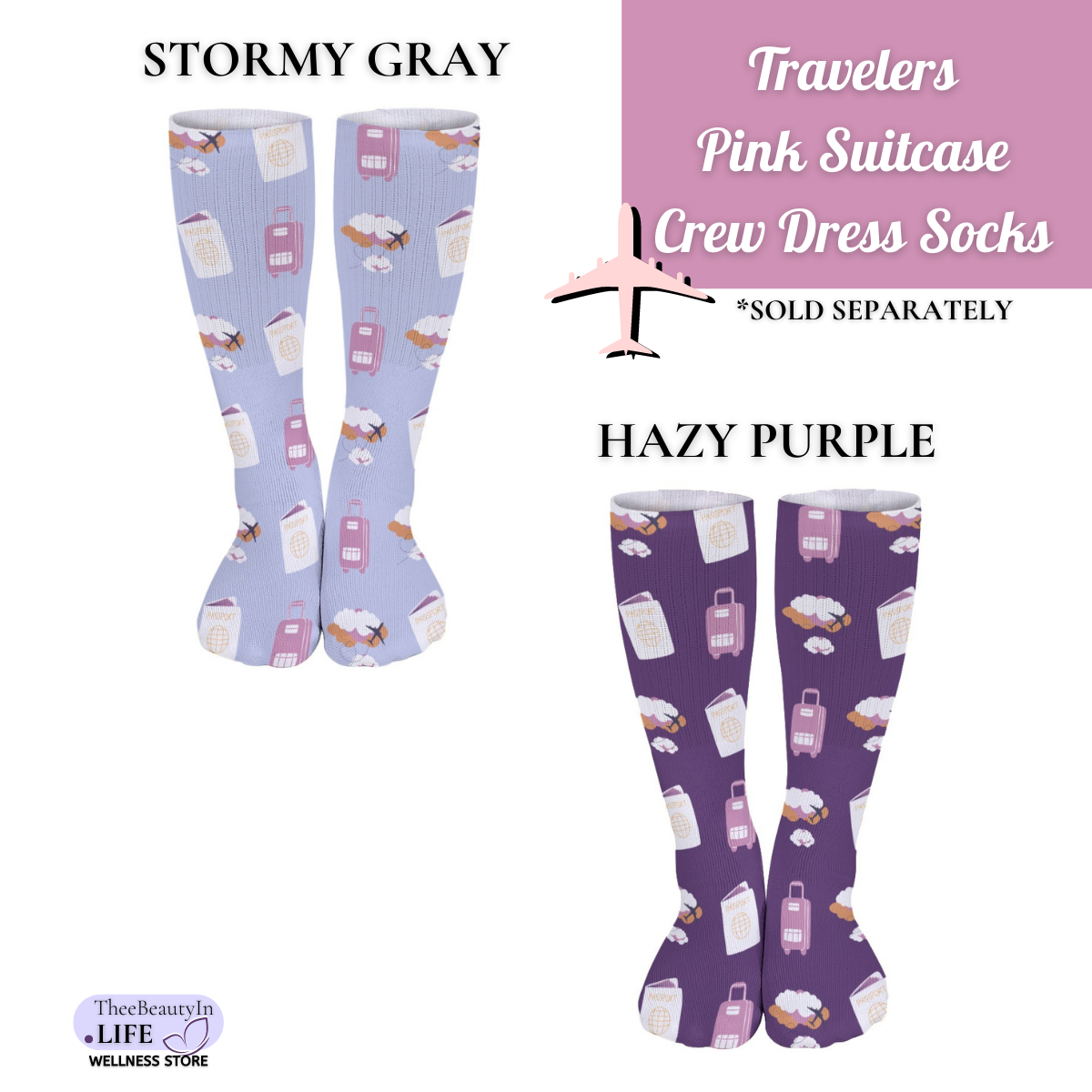 Travelers Pink Suitcase Crew Dress Socks | Gifts for Travel Lovers | Going On a Trip | Flight Attendant Appreciation  | Easy Stocking Stuffers | Tall Dress Socks