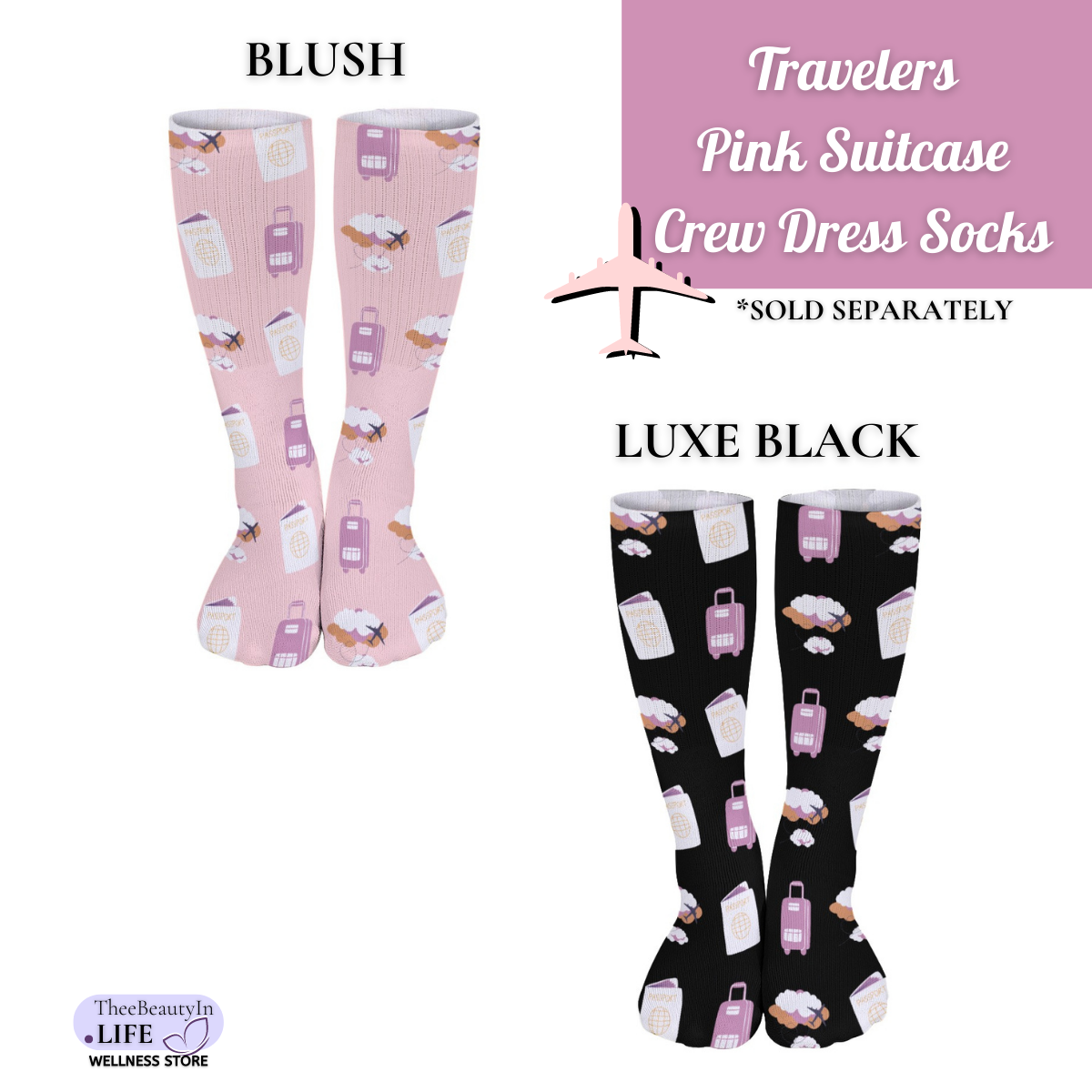 Travelers Pink Suitcase Crew Dress Socks | Gifts for Travel Lovers | Going On a Trip | Flight Attendant Appreciation  | Easy Stocking Stuffers | Tall Dress Socks