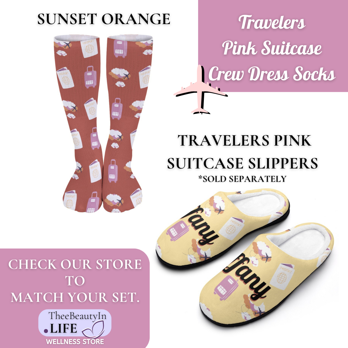 Travelers Pink Suitcase Crew Dress Socks | Gifts for Travel Lovers | Going On a Trip | Flight Attendant Appreciation  | Easy Stocking Stuffers | Tall Dress Socks