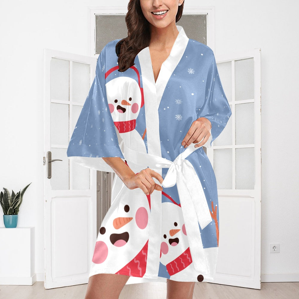 Blue Snowman Silky Satin Robe | Custom Satin Robe | Robe and Slipper Gift Sets for Women | Cute Satin Robe for Adults | Satin Robes with Patterns