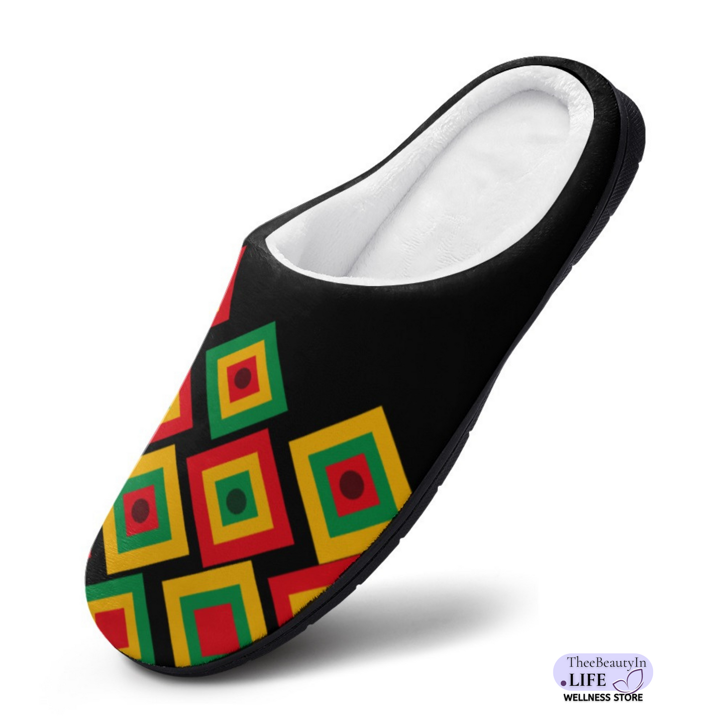 House Shoe Slippers - Black History | Hard Sole Indoor Slippers | Cute Bedroom Shoes for Women | Colorful Juneteenth Themed Slippers | Red, Green, and Gold Shoes