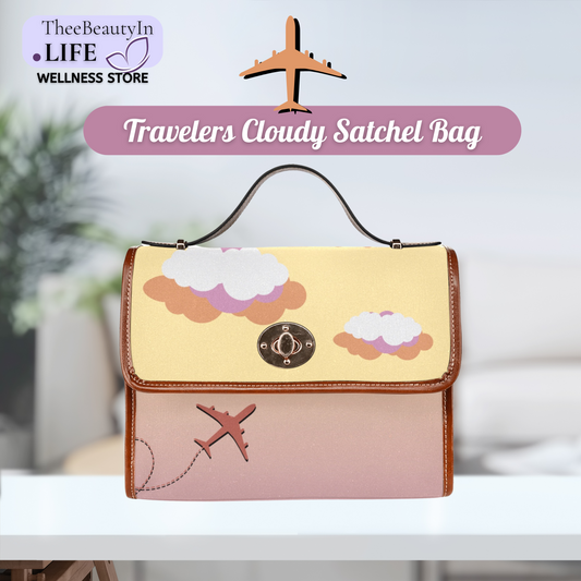 Travelers Pink Cloudy Satchel Bag | Travel Bag for Women with Vegan Leather Trim | Small Crossbody Carry On Bag | Waterproof Canvas Satchel | Gift with Airplane and Vacation Aesthetic