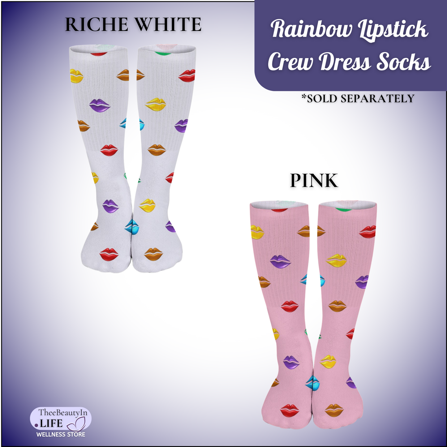 Crew Dress Socks - Rainbow Lipstick | Fun Socks for Women | Colorful Socks with Makeup | Valentine's Day Gift for Girlfriend | Pride Week Socks | Pink Novelty Socks for Lesbian Pride | LGBT Outfit Accessories