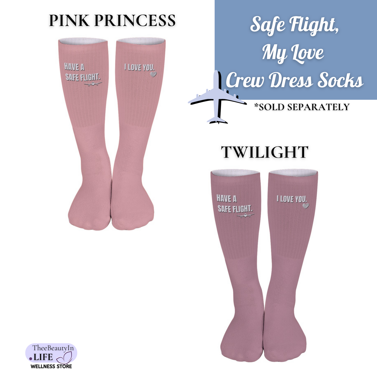 Safe Flight My Love Crew Dress Socks | Women's Dress Socks | Gifts for Pilots | Gifts for Flight Crew | Sage Green Socks | Cute Valentine's Day Ideas | One Size Gifts Under 25