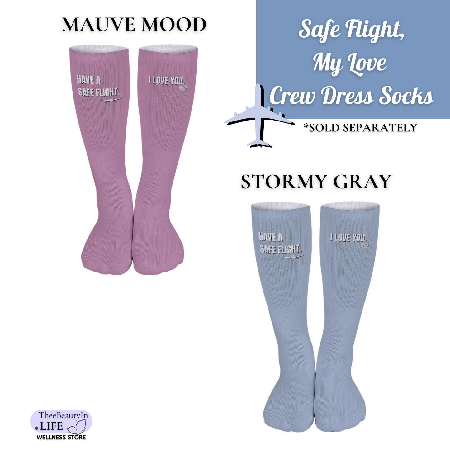 Safe Flight My Love Crew Dress Socks | Women's Dress Socks | Gifts for Pilots | Gifts for Flight Crew | Sage Green Socks | Cute Valentine's Day Ideas | One Size Gifts Under 25