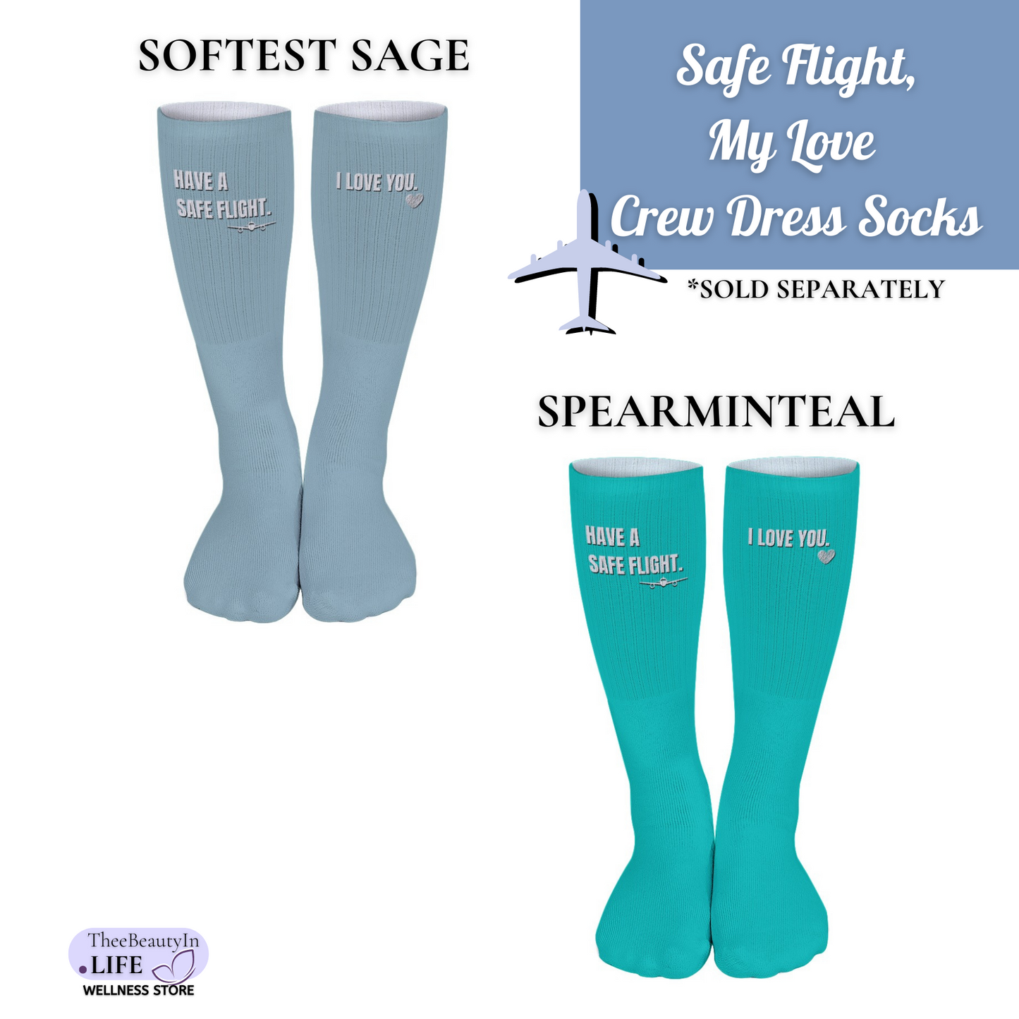 Safe Flight My Love Crew Dress Socks | Women's Dress Socks | Gifts for Pilots | Gifts for Flight Crew | Sage Green Socks | Cute Valentine's Day Ideas | One Size Gifts Under 25