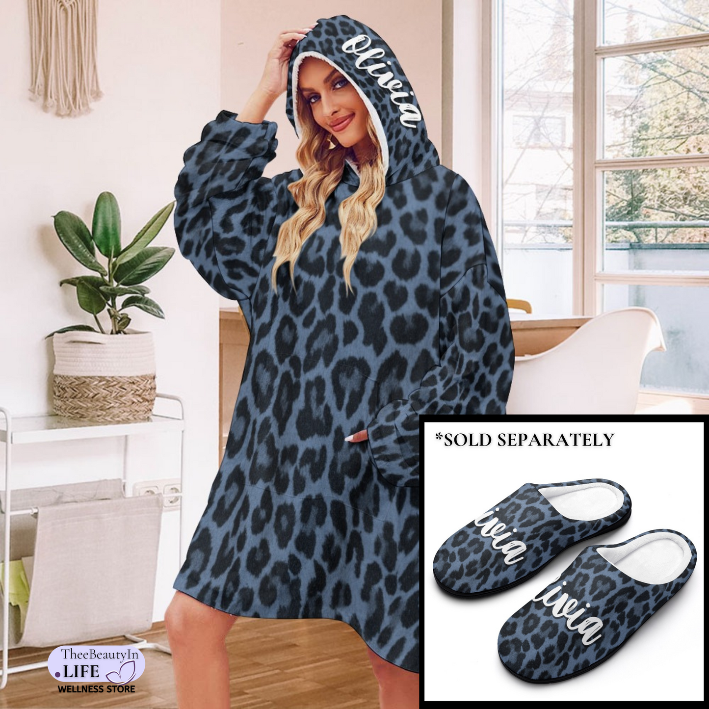 Panther Print Hoodie Robe | Custom Blanket with Sleeves and Pockets | Portable Travel Blanket |  Personalized Sweatshirt Security Blanket | Leopard Blanket | Personal Blanket