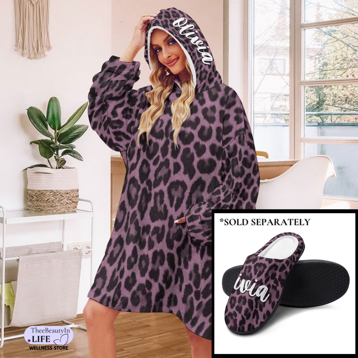 Panther Print Hoodie Robe | Custom Blanket with Sleeves and Pockets | Portable Travel Blanket |  Personalized Sweatshirt Security Blanket | Leopard Blanket | Personal Blanket