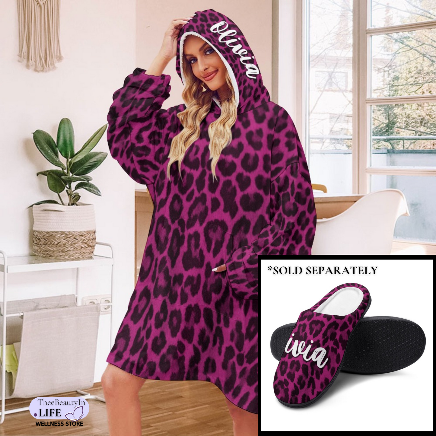 Panther Print Hoodie Robe | Custom Blanket with Sleeves and Pockets | Portable Travel Blanket |  Personalized Sweatshirt Security Blanket | Leopard Blanket | Personal Blanket