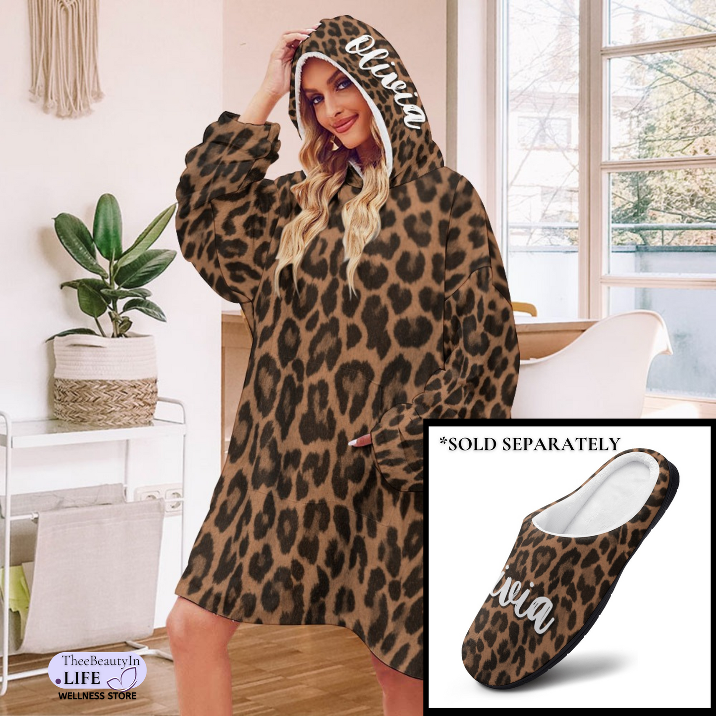 Panther Print Hoodie Robe | Custom Blanket with Sleeves and Pockets | Portable Travel Blanket |  Personalized Sweatshirt Security Blanket | Leopard Blanket | Personal Blanket