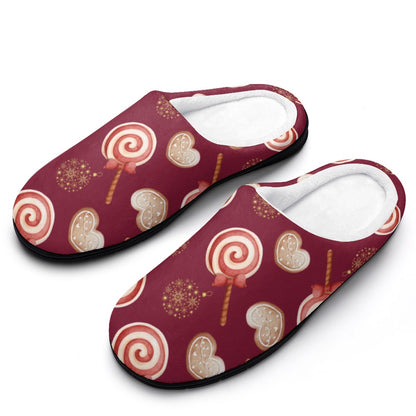 Peppermint Pop Holiday Burgundy House Shoe Slippers | Custom Slippers | Robe and Slipper Gift Sets for Women | Cute Slippers for Adults | House Shoes with Patterns